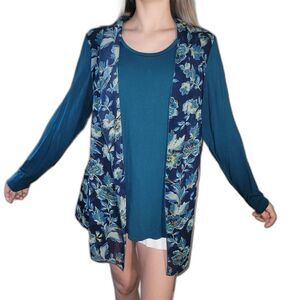 Investment Essentials Womens Size L Teal Green Blue Solid Sheer Floral Top